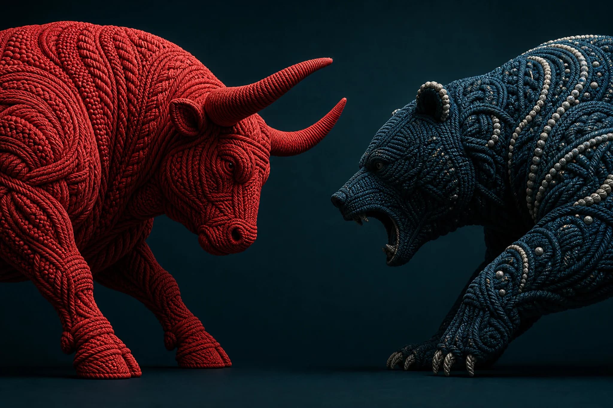 A woven red bull and a woven navy bear facing each other
