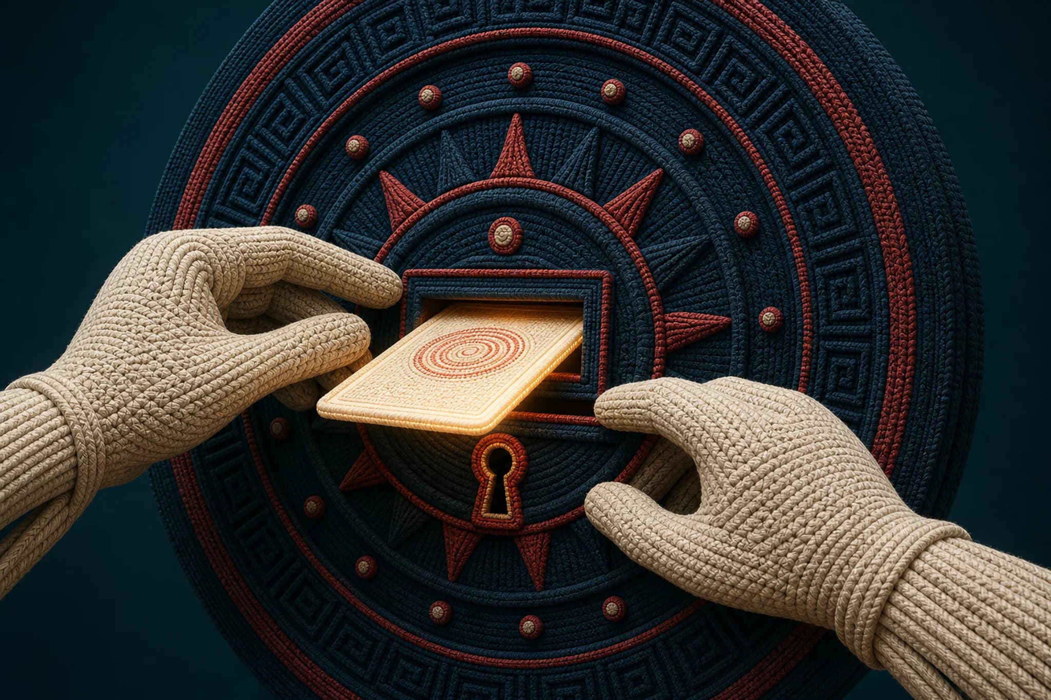 Woven hands sliding a glowing card into a vault door